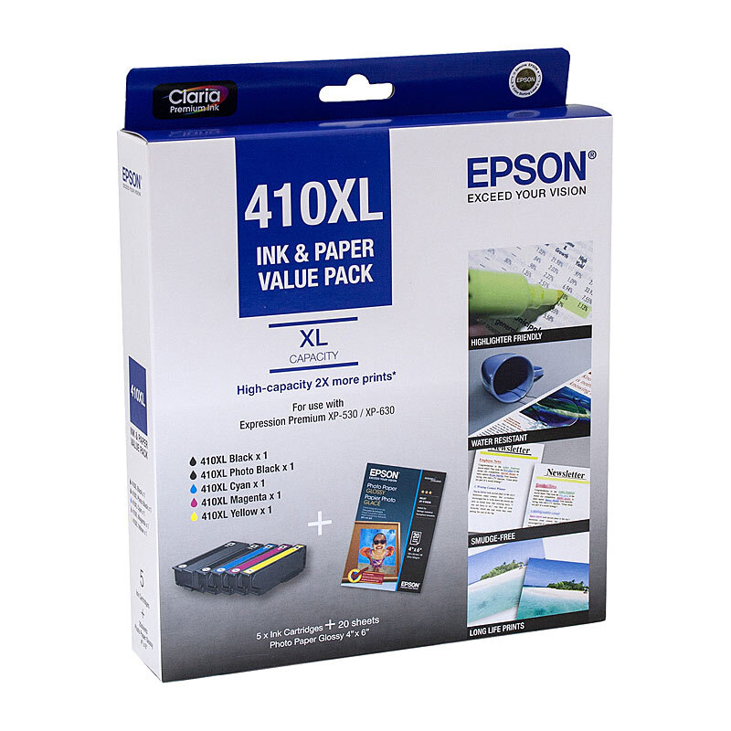 Epson 410XL Ink Value Pack (BXL PBXL CXL MXL YXL & 20 Sheets Photo Paper Glossy 4" x 6")
