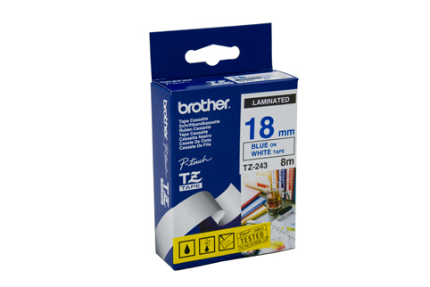 Brother 18mm Blue Text On White Tape - 8 metres