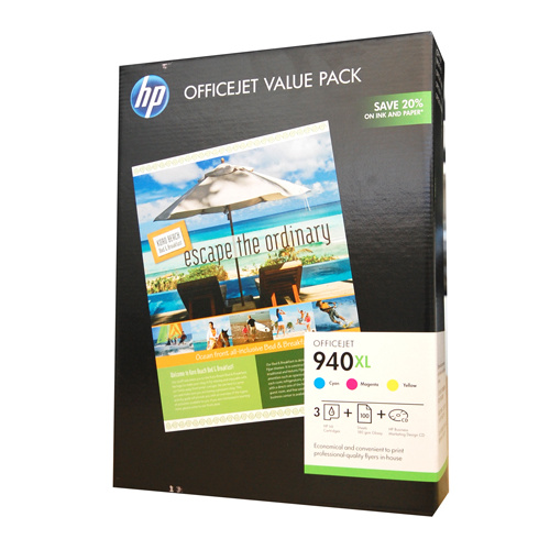 HP # 940XL Ink Value Pack - C / M / Y plus 100 sheets of 210 x 297 180gsm glossy paper