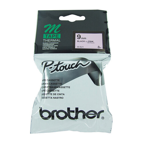 Brother 9mm Metalic Black on Pink Labelling Tape