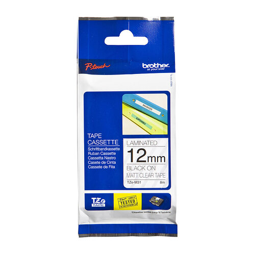 Brother 12mm Black on Clear Matt Tape - 8 meters